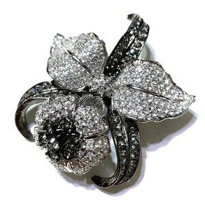 Nolan Miller Orchid Flower Brooch Pin Pave Crystal Rhinestone Silver Tone